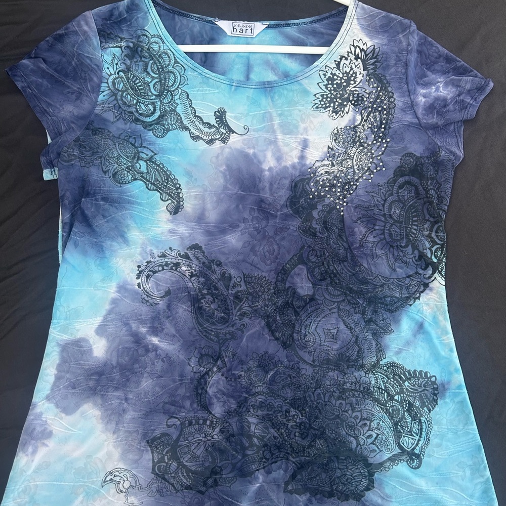 Unique Keren Hart Vintage Tie-Dye Soft Tee with Black & Rhinestone Details